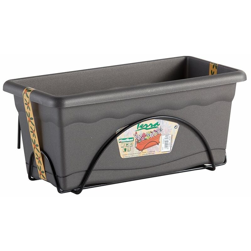 foto del prodotto fioriera con sottovaso integrato 50x20cm supporto in metallo. colore antracite.