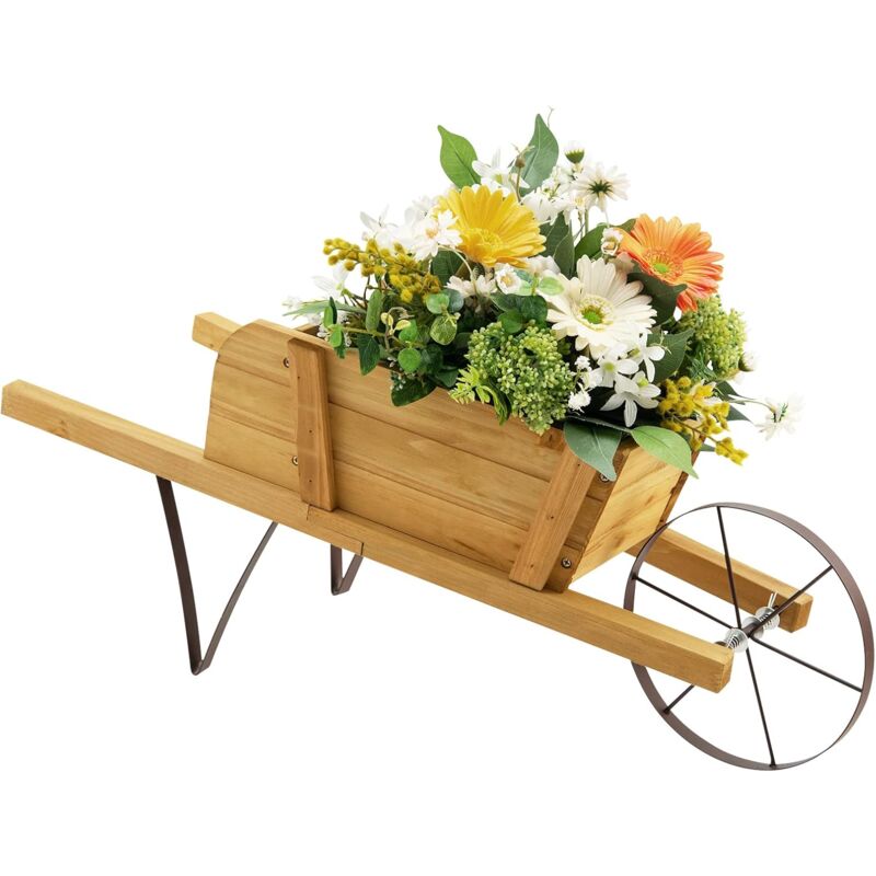 foto del prodotto fioriera da esterno a forma di carrello carriola, decorazione da giardino con manico, ruota e 9 accessori a calamita, patio, cortile e balcone,