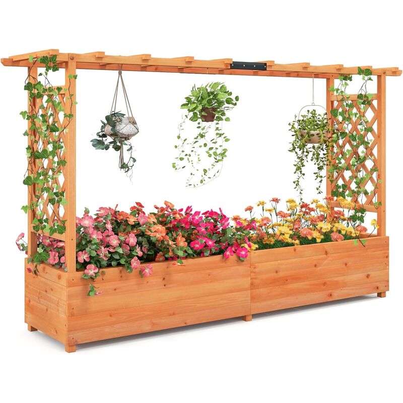 foto del prodotto fioriera da esterno con traliccio in legno, aiuola rialzata con grigliato e drenaggio, porta vasi di fiori e rampicanti per giardino balcone terrazza