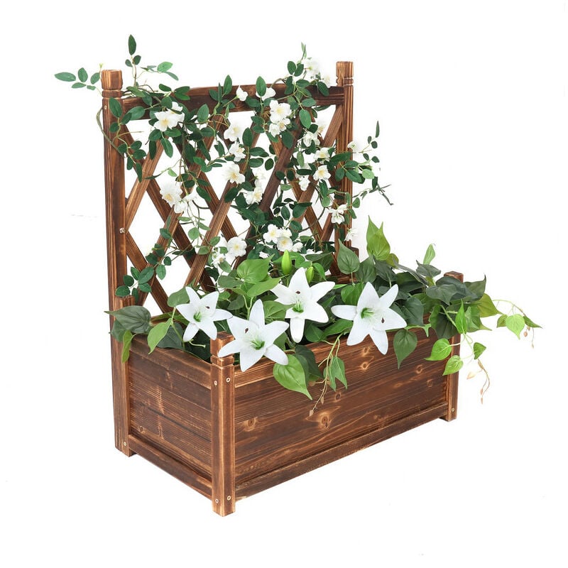 foto del prodotto fioriera da esterno in legno con spalliera a griglia per rampicanti rose alta 76cm