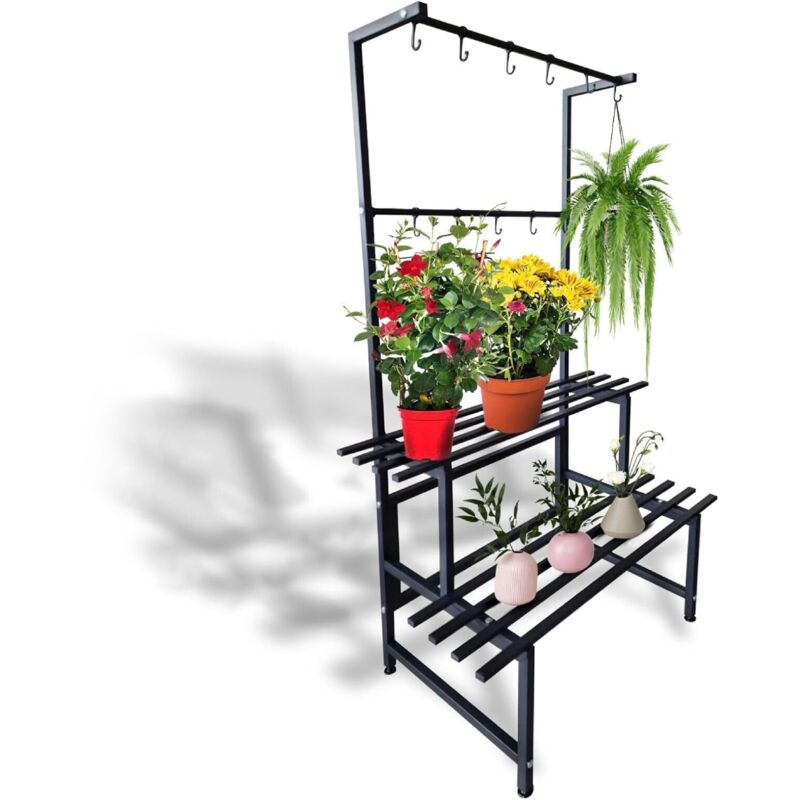 foto del prodotto fioriera da esterno porta vasi con grigliato in ferro, 2 ripiani 80cm, con ganci portata max 30 kg, fioriera rialzata con piedini regolabili, design