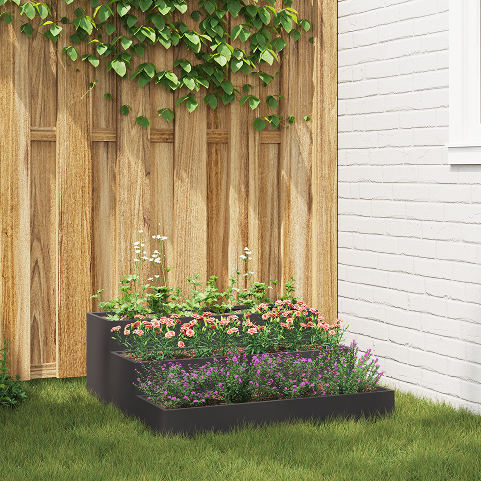 foto del prodotto fioriera da giardino 3 livelli 90x90x35 cm acciaio nero