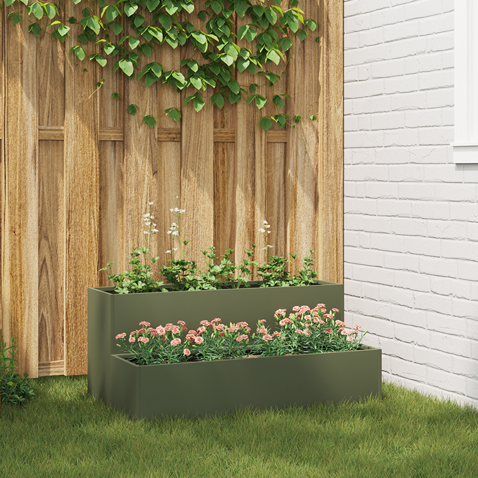 foto del prodotto fioriera da giardino a 2 livelli 100x60x45 cm verde oliva acciaio