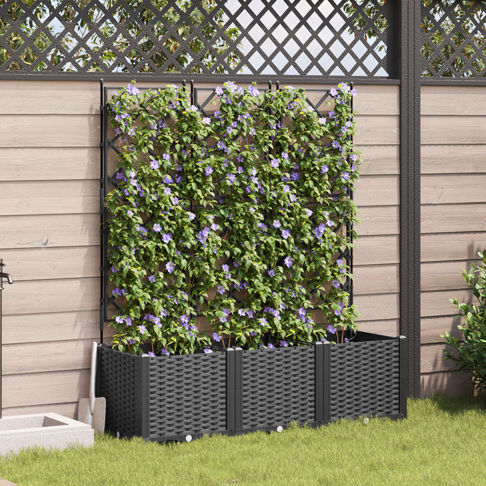 foto del prodotto fioriera da giardino con trellis 3 pz nera 120x40x143 cm