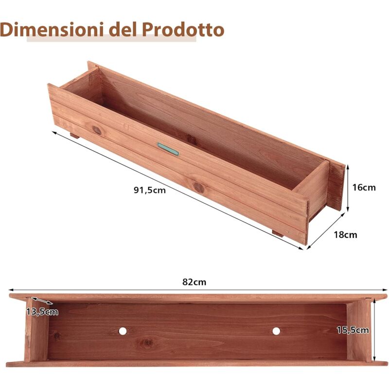 foto del prodotto fioriera in legno con struttura solida per ortaggi, erbe, fiori, fioriera da balcone terrazza giardino, uso interno ed esterno, 91,5x18x16 cm goplus