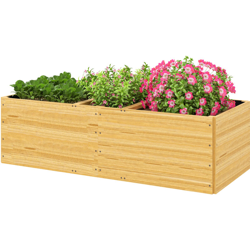 foto del prodotto fioriera in legno divisa in 3 aree con tessuto non tessuto color legno outsunny