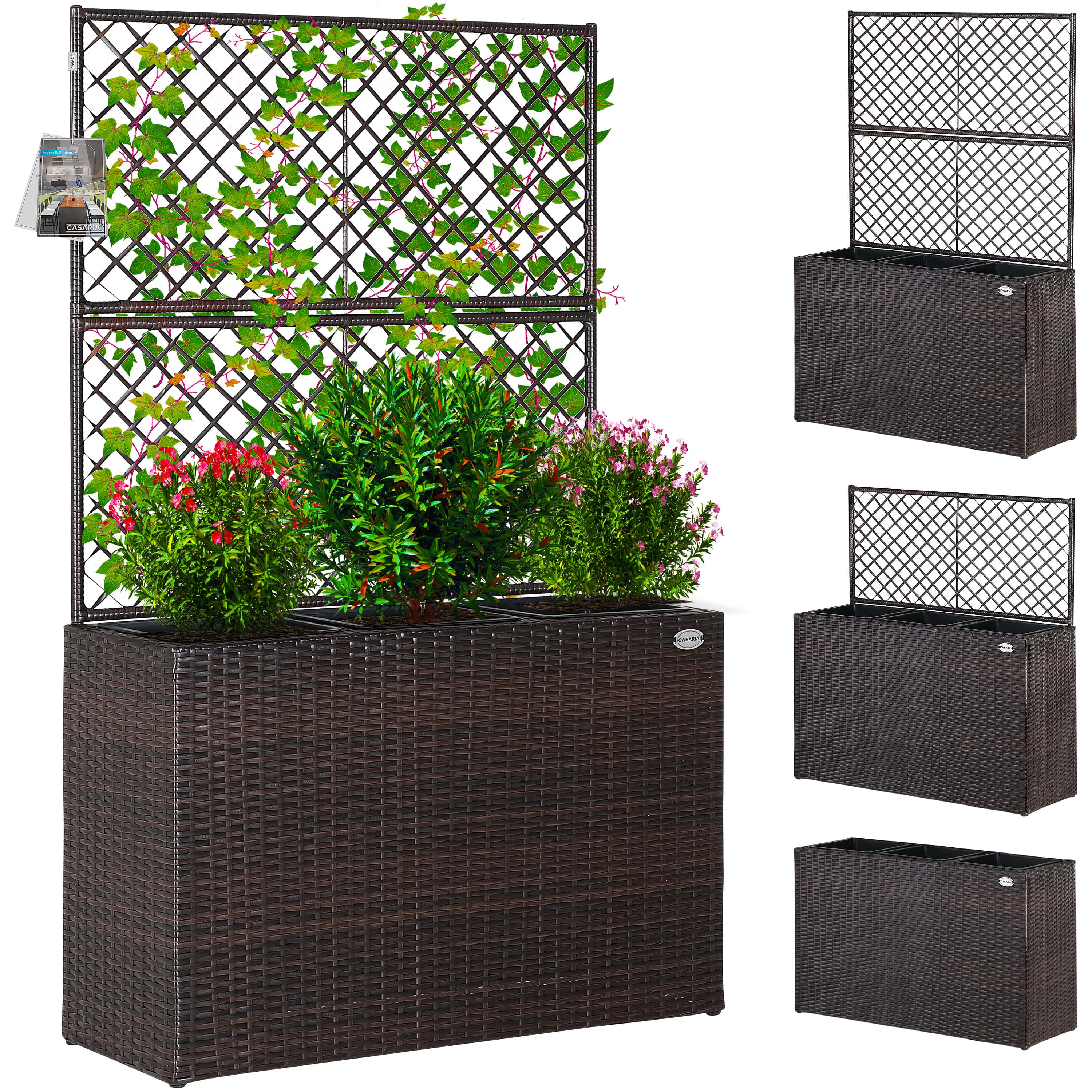 foto del prodotto fioriera in polyrattan con traliccio marrone