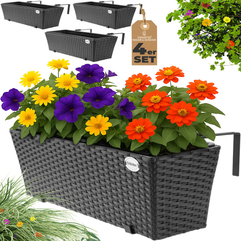 foto del prodotto fioriera in rattan 11 l incl. supporto balcone rimovibile vaso portafiori deco esterni in vari set e colori nero - casaria