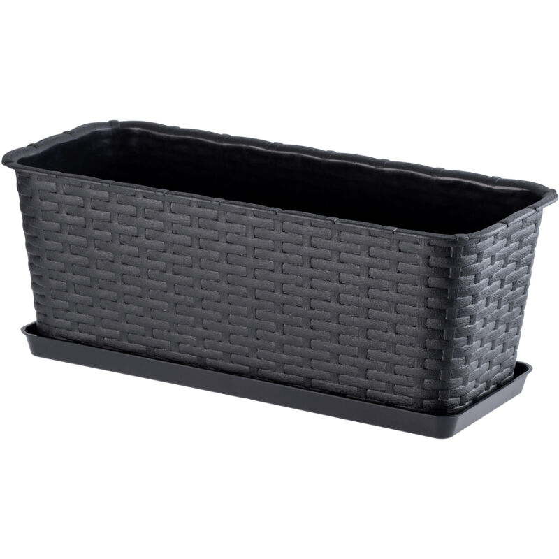 foto del prodotto fioriera rettangolare 40 cm, balcone in plastica effetto rattan con sottovaso per abbellire il tuo spazio esterno antracite kadax