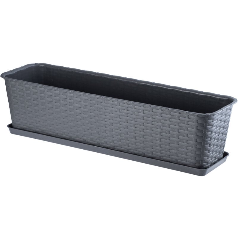 foto del prodotto fioriera rettangolare 60 cm, balcone in plastica effetto rattan con sottovaso per abbellire il tuo spazio esterno grafite kadax