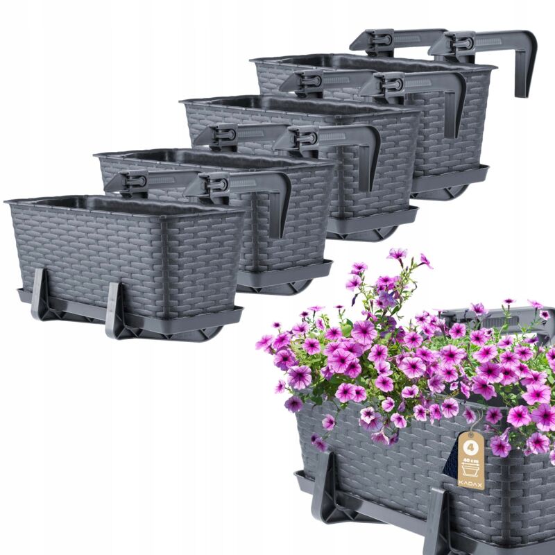 foto del prodotto fioriera sospesa da esterno 40 cm, balcone in plastica effetto rattan con staffe di montaggio e sottovaso integrati grafite, set di 4 kadax