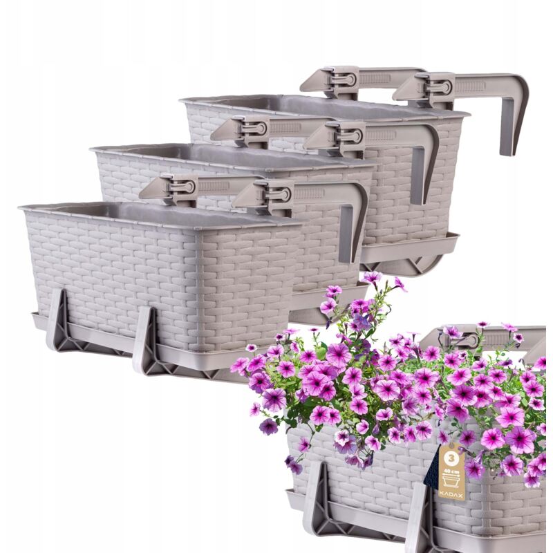 foto del prodotto fioriera sospesa da esterno 40 cm, balcone in plastica effetto rattan con staffe di montaggio integrate e sottovaso caramello, set di 3 kadax