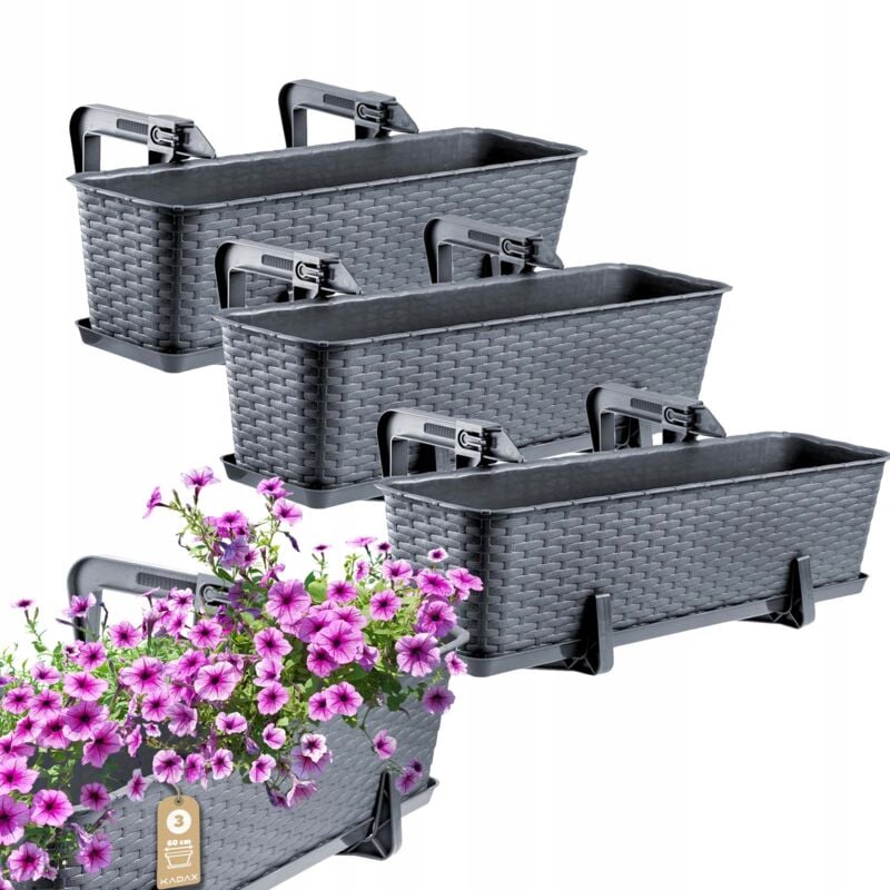 foto del prodotto fioriera sospesa da esterno 60 cm, balcone in plastica effetto rattan con staffe di montaggio e sottovaso integrati grafite, set di 3 kadax