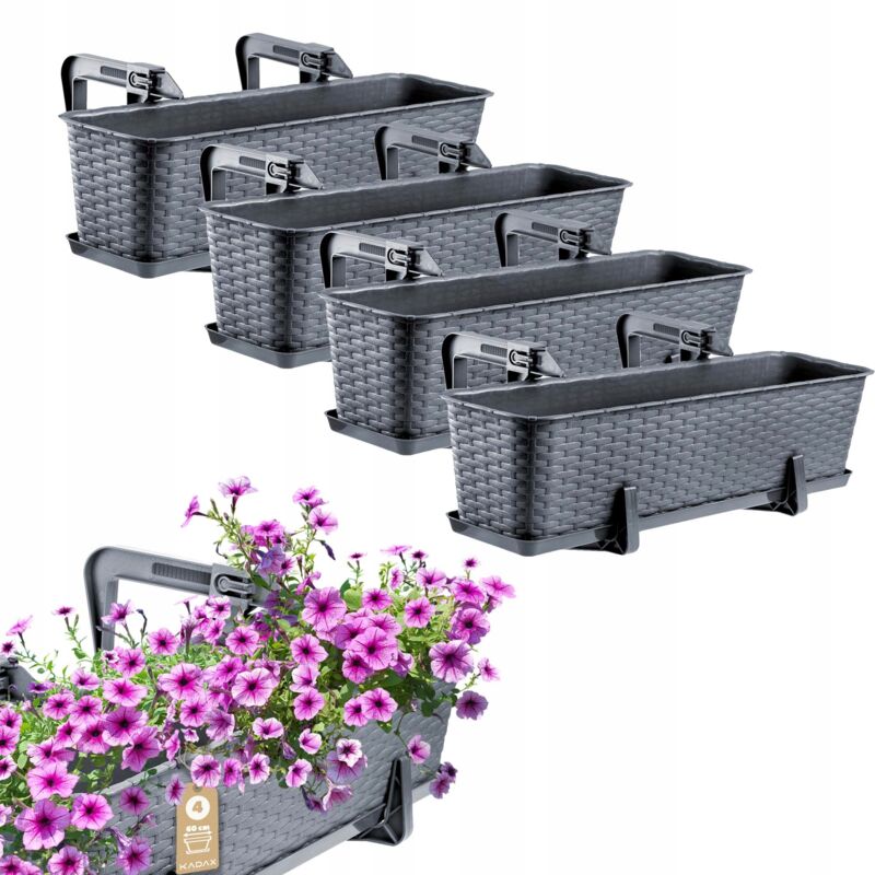 foto del prodotto fioriera sospesa da esterno 60 cm, balcone in plastica effetto rattan con staffe di montaggio e sottovaso integrati grafite, set di 4 kadax