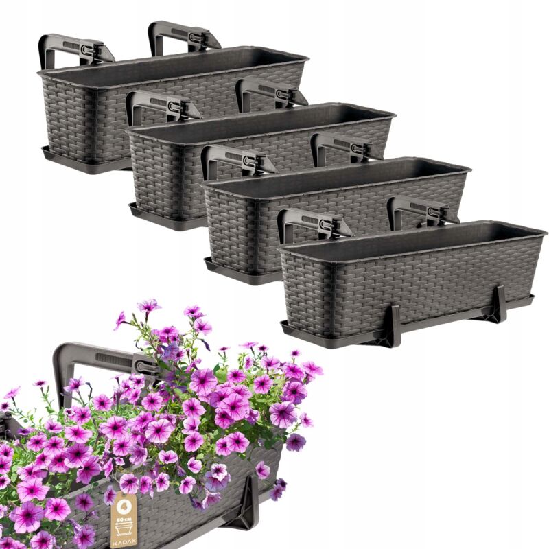 foto del prodotto fioriera sospesa da esterno 60 cm, balcone in plastica effetto rattan con staffe di montaggio integrate e sottovaso marrone, set di 4 kadax