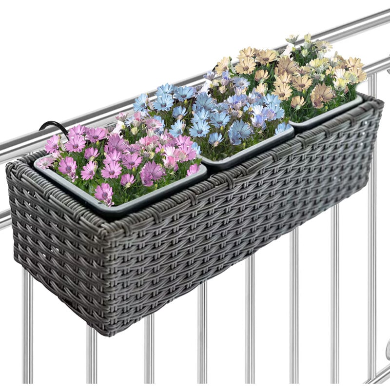 foto del prodotto fioriera vaso da giardino esterno balcone in rattan marrone 3 scomparti plastica