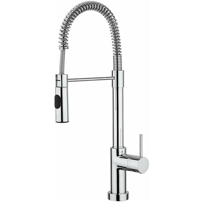 foto del prodotto first paini rubinetto miscelatore monocomando cucina, lavello, cromato, leva laterale orientabile, con attacco doccia automatico, design moderno,