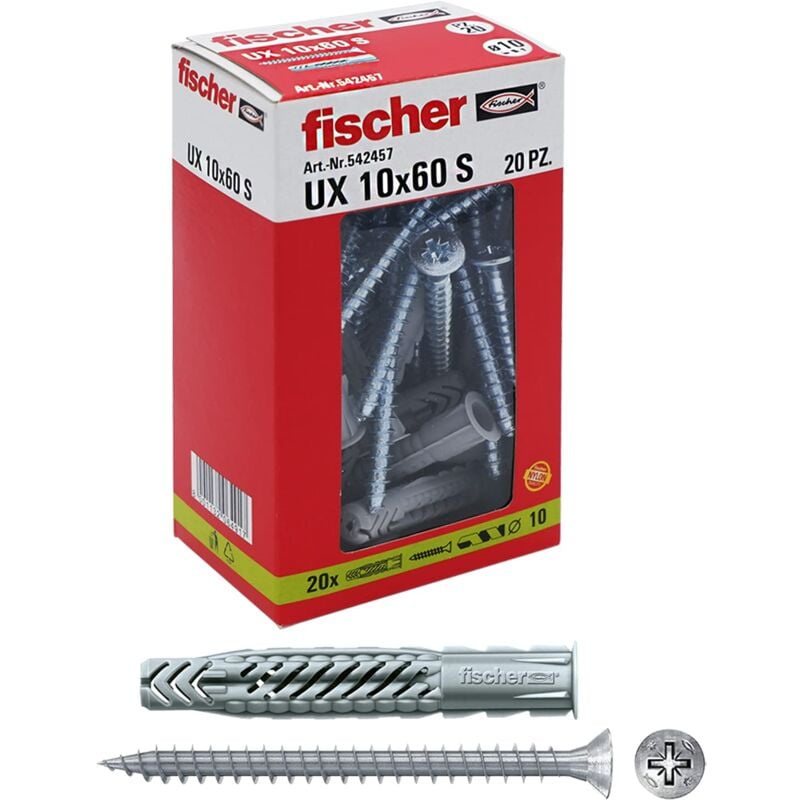immagine 0 del prodotto fischer 20 tasselli ux con vite, 10 x 60 mm, per muro pieno, mattone forato, cartongesso, 542457