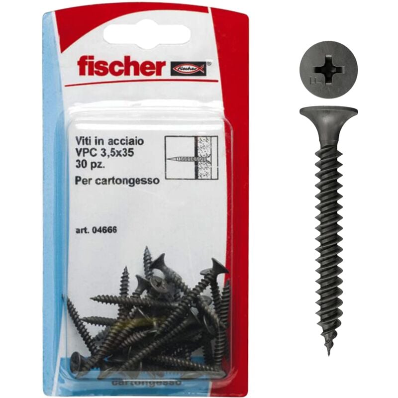 foto del prodotto fischer 30 viti per cartongesso 3,5x35 mm, fosfatate autoperforanti, per fissaggio lastre su profili metallici, filettatura a passo fine, impronta