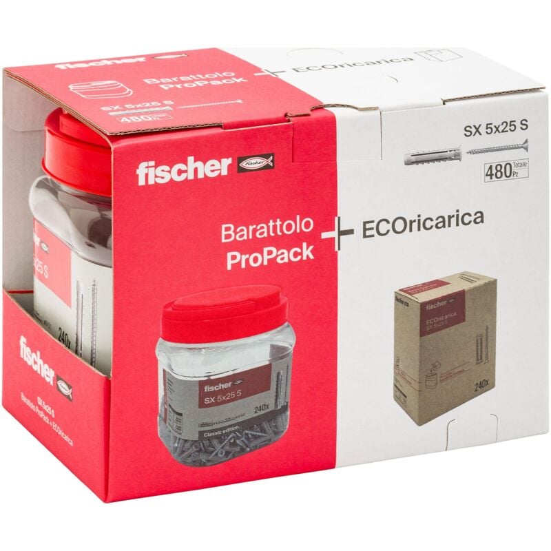 foto del prodotto fischer - 480x tasselli sx 5x25 con vite, pack con barattolo + ecoricarica