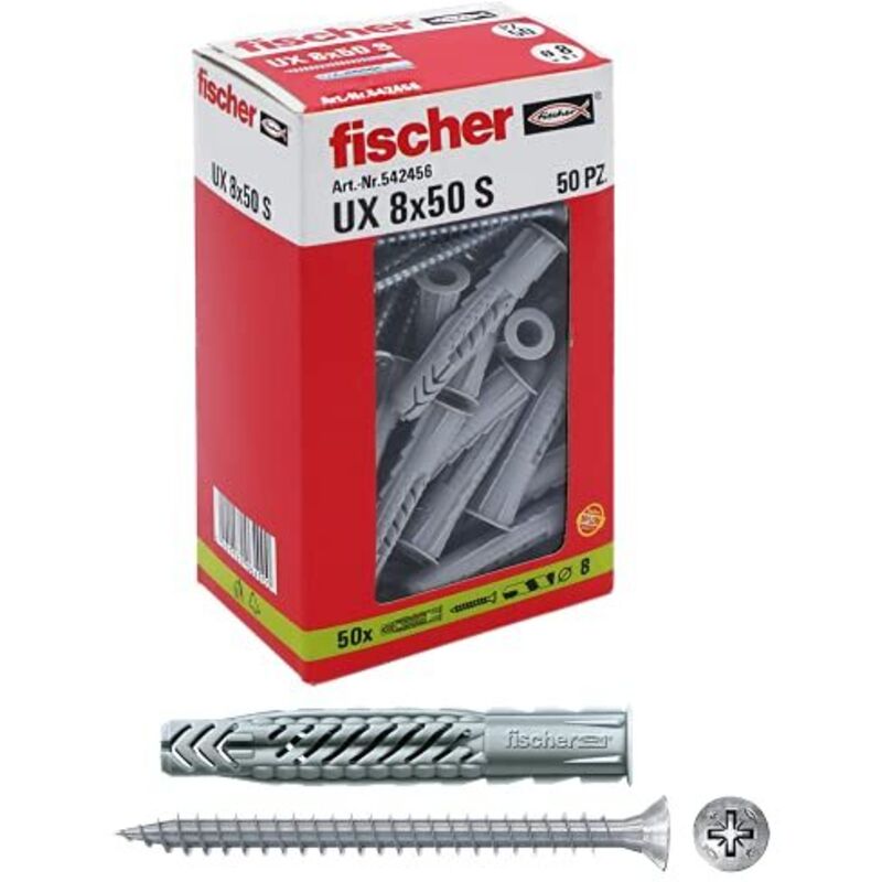 foto del prodotto fischer - 50 tasselli ux con vite, 8 x 50 mm con vite, per muro pieno, mattone forato, cartongesso, 542456, grigio