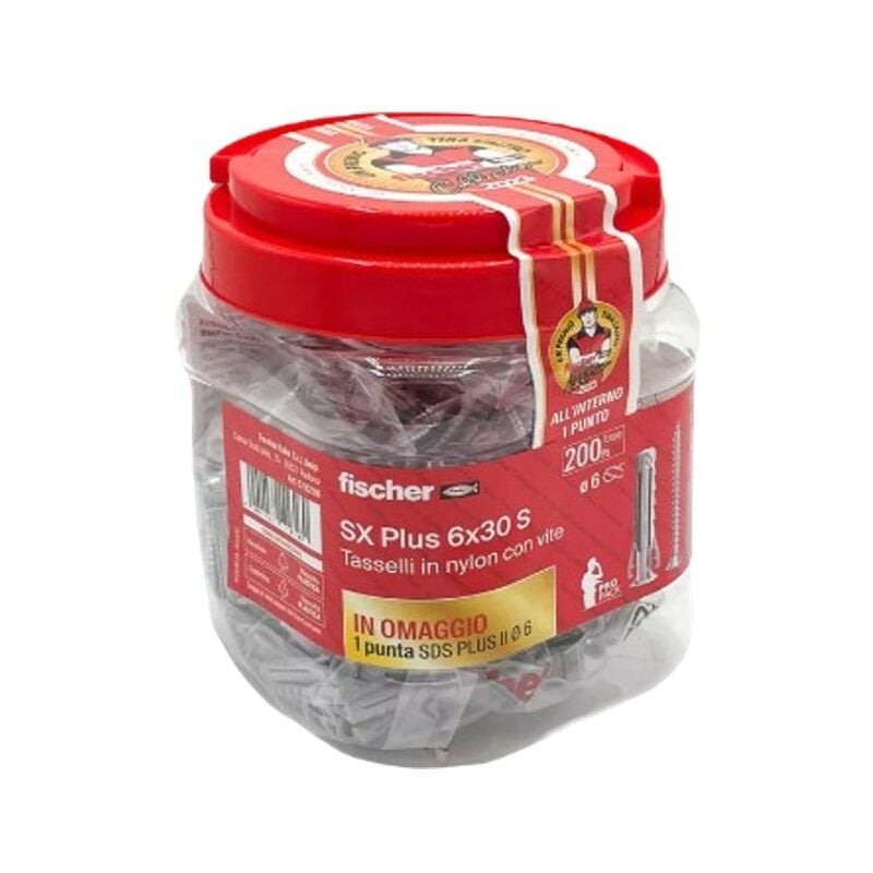 foto del prodotto fischer barattolo 200 pz tasselli 6x30 mm in nylon con vite e punta trapano 00570206