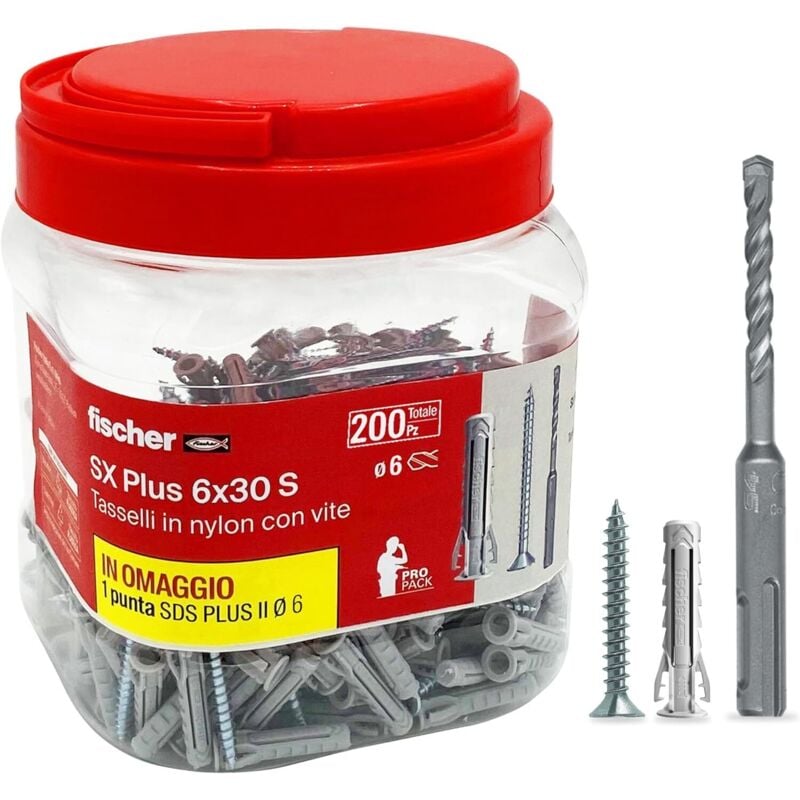 foto del prodotto fischer barattolo 200 tasselli sx6s punta sds omaggio da 6 mm sx plus 6x30 s