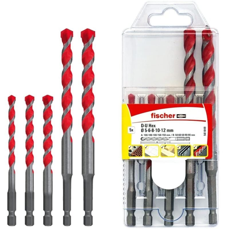 foto del prodotto fischer d u hex, set 5 punte trapano universali esagonali, 5 mm 12 mm, per muro, legno, piastrelle, plastica, acciaio, cemento, 561649