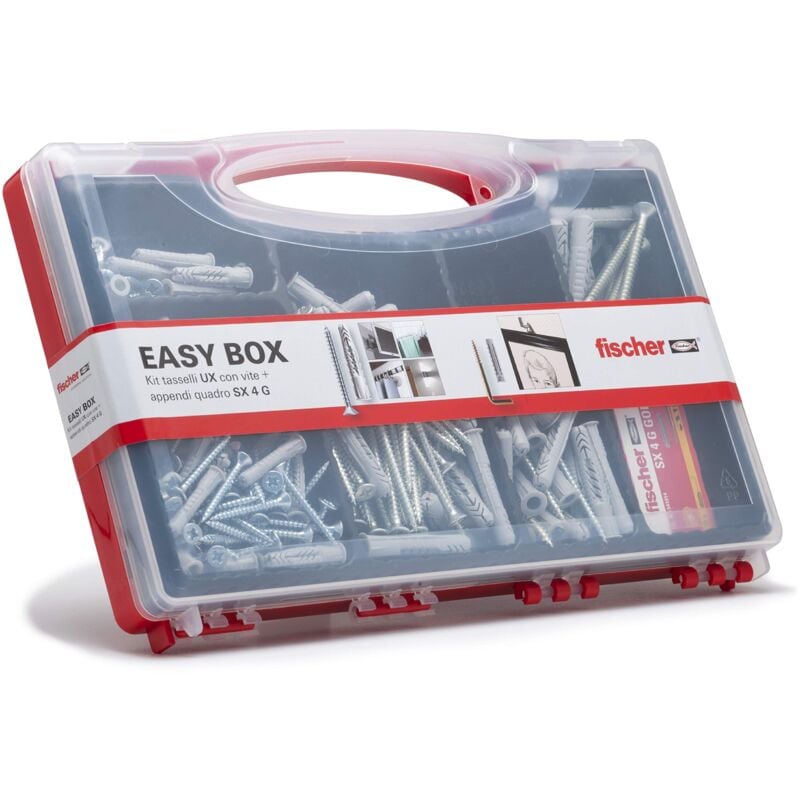 foto del prodotto fischer easybox valigetta tasselli ux con vite assortiti, sx con gancio appendiquadro per fissaggio su muro pieno e mattone forato, set 252 pezzi,