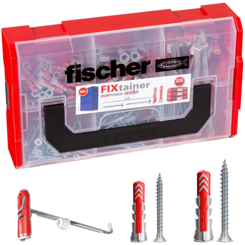 foto del prodotto fischer fixtainer duopower duotec, valigetta 200 tasselli con vite assortiti, per fissaggio su cartongesso, muro pieno, mattone forato, e