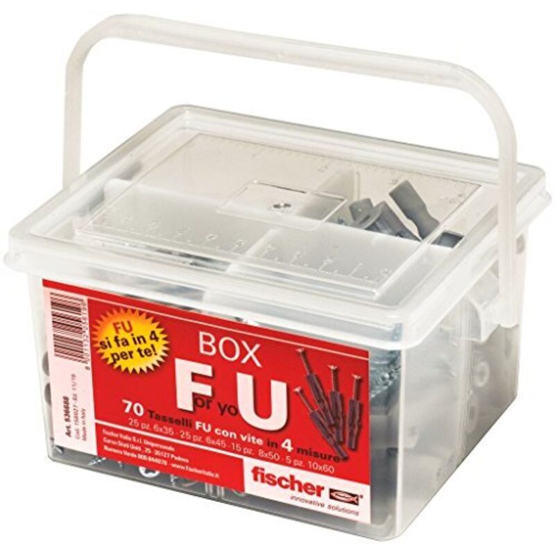 foto del prodotto fischer - kit for you box, 70 tasselli fu con vite per muro pieno, cartongesso e lastre, 536688, grigio
