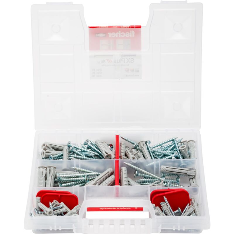 foto del prodotto fischer kit sx plus, valigetta 80 tasselli con vite assortiti per fissaggio su muro pieno e mattone forato, 570204
