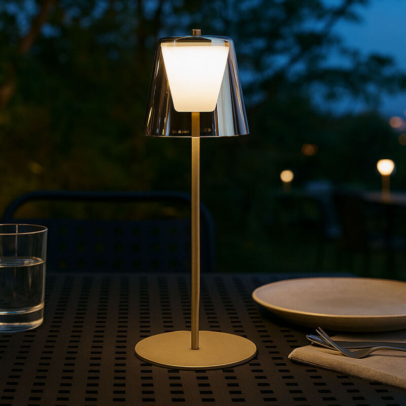 foto del prodotto fischer leuchten lampada da tavolo led touch dimmer lampada da esterno vetro fum lampada da giardino lampada da tavolo ricaricabile, metallo oro,