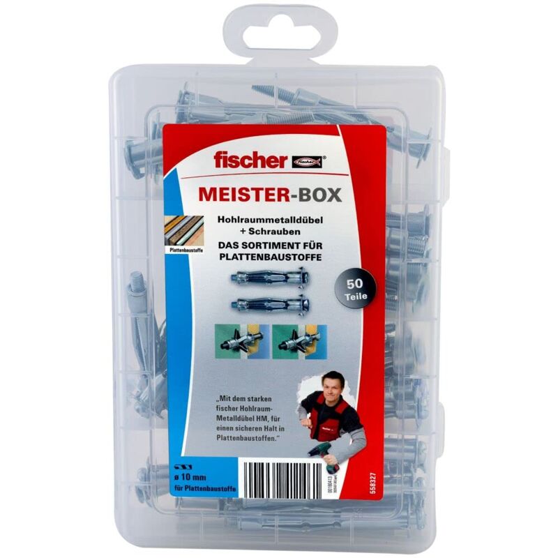 foto del prodotto fischer maister box tasselli per cavit , scatola di assortimento con 50 tasselli in metallo cavit e viti, adatti per materiali da costruzione a