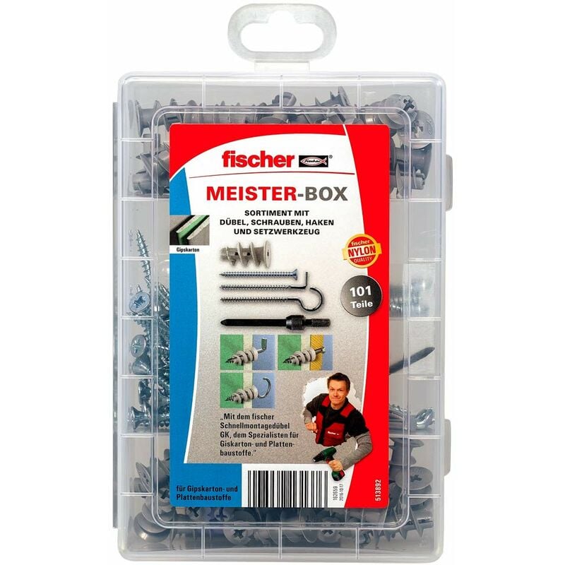 foto del prodotto fischer meister box scatola con tasselli per cartongesso viti ganci, contenuto 50 pezzi, 1 utensile, 38 pezzi 4,2 x 35, 6 ganci ad angolo 4,2