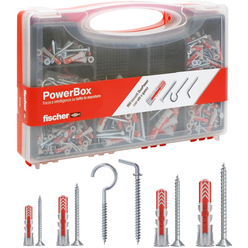 foto del prodotto fischer powerbox 180 tasselli duopower con viti e ganci, per muro pieno, forato e cartongesso, 360 pz totali, 564282