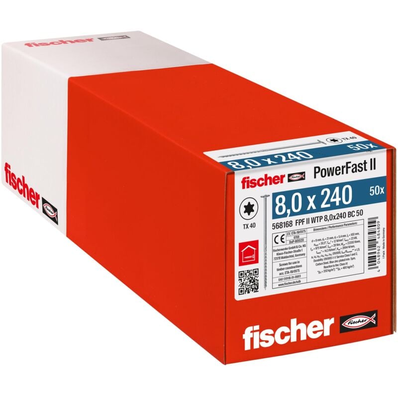 foto del prodotto fischer powerfast ii 568168 vite per legno, 8,0 x 240, 50 pezzi, colore argento