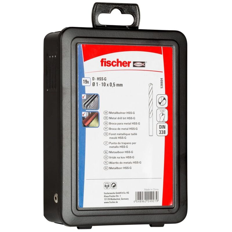 foto del prodotto fischer set 19 punte trapano per metallo, box metallico, professionali in acciaio hss g, diametro 1 10 mm, attacco cilindrico, per acciaio,