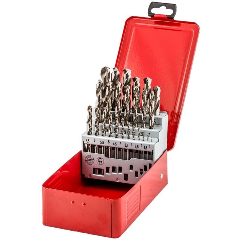 foto del prodotto fischer set 25 punte trapano per metallo, box metallico, professionali in acciaio hss g, diametro 1 13 mm, attacco cilindrico, per acciaio,