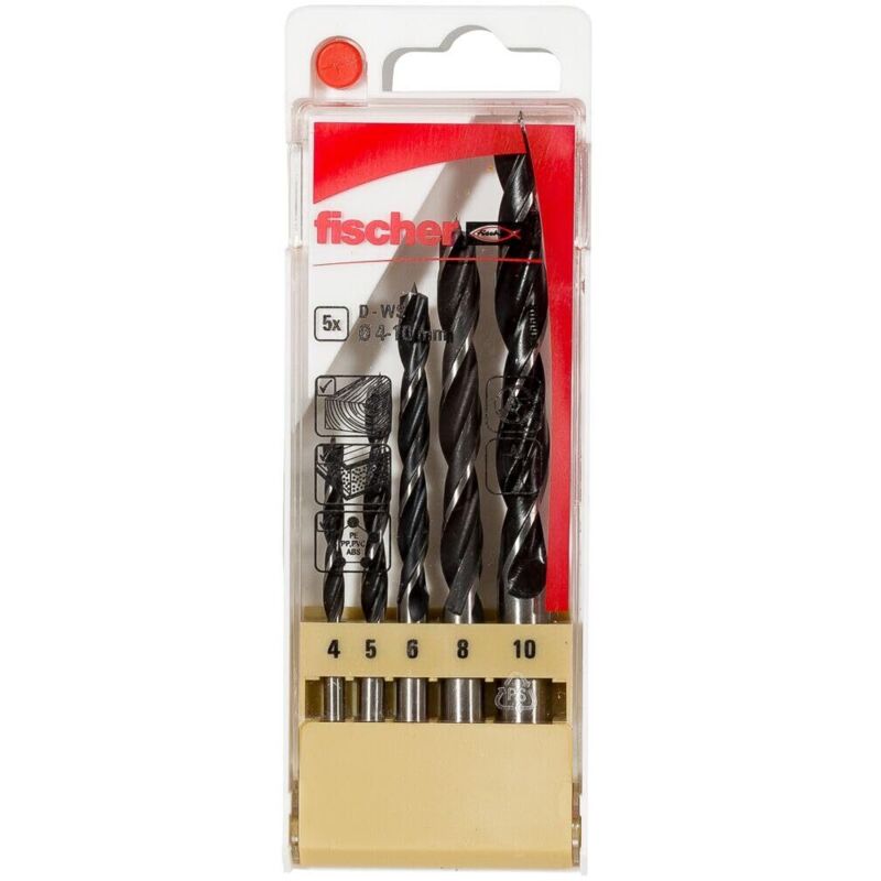 foto del prodotto fischer set 5 punte trapano d ws pl professionali in acciaio per legno, diametro 4 5 6 8 10 mm, attacco cilindrico, per legno massiccio, legno