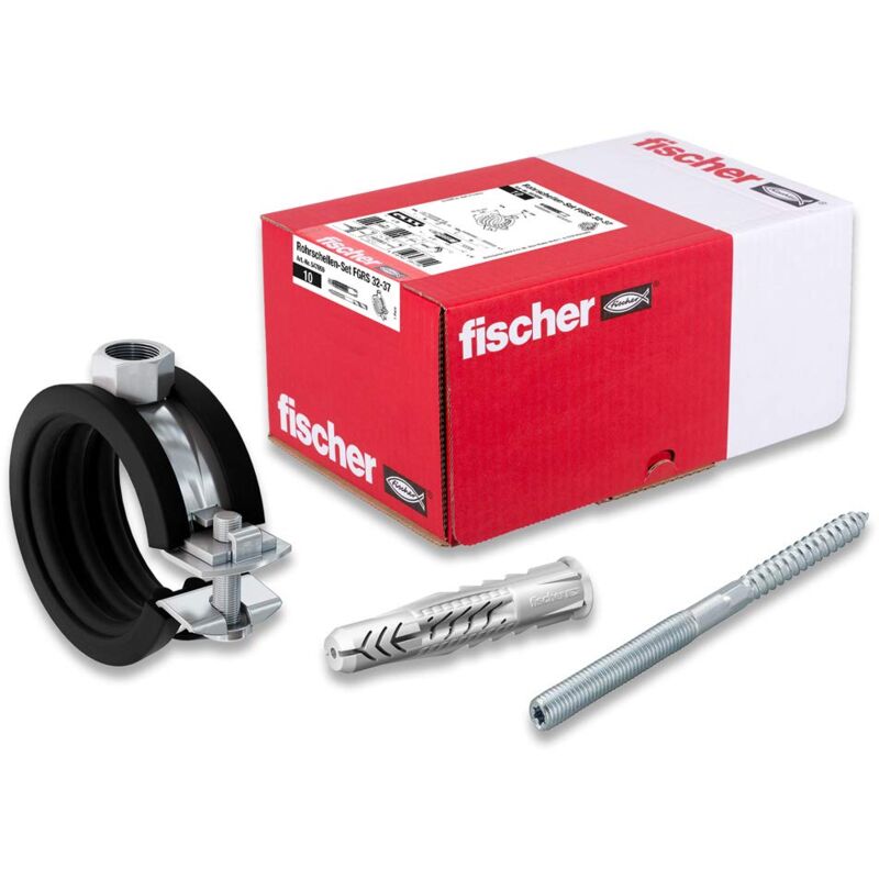 foto del prodotto fischer set di fascette stringitubo fgrs 32 37 gvz, set di 30 pezzi 10 morsetti giunti fgrs 32 37,10 pezzi vite stecca st8 x 80,10 pezzi