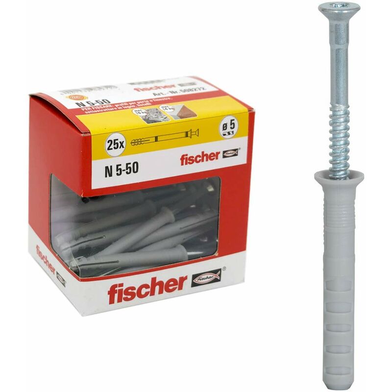 foto del prodotto fischer tasselli prolungati n 5 x 50 y, fissaggio a percussione con chiodo premontato per pieno, semipieno e calcestruzzo, 25 pezzi per confezione,