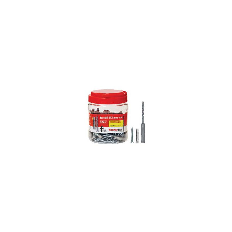 foto del prodotto fischer tassello in nylon con vite promopack sx 8 s mm.8x40 vite mm.5x50 conf.pz.90 30 omaggio