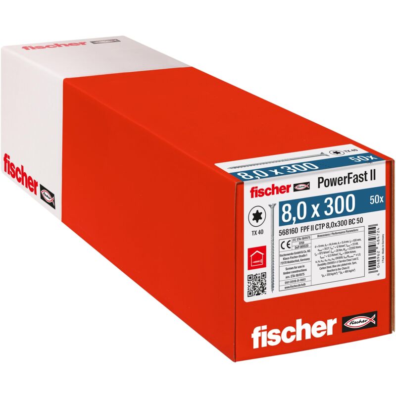 foto del prodotto fischer viti per legno e costruzioni powerfast fpf ii ctp 8,0x300, filettatura parziale, testa svasata piana, impronta torx, zincata bianca, 50 pz,