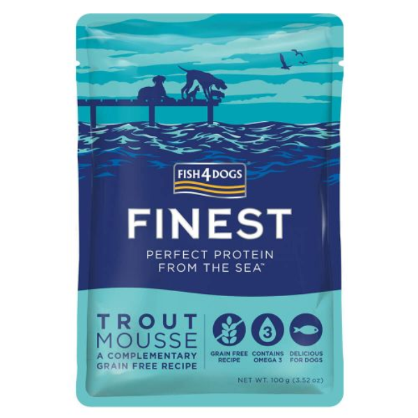 foto del prodotto fish4dogs finest dog mousse grain free 100 gr trota confezione da 12 pezzi cibo umido per cani 1 ordine scegli lo sconto bzr5 bzr20 200 punti fedelt 