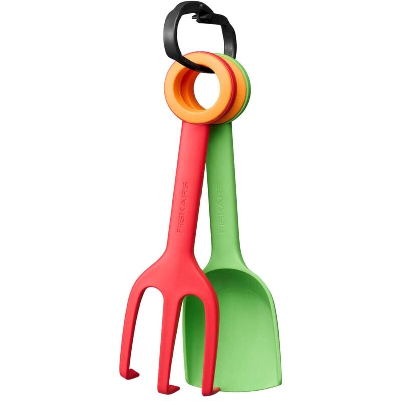 foto del prodotto fiskars trapiantatore e forca da giardinaggio per bambini, set 2 in 1, lunghezza 24 cm, plastica rinforzata con fibra di vetro, verde arancione e