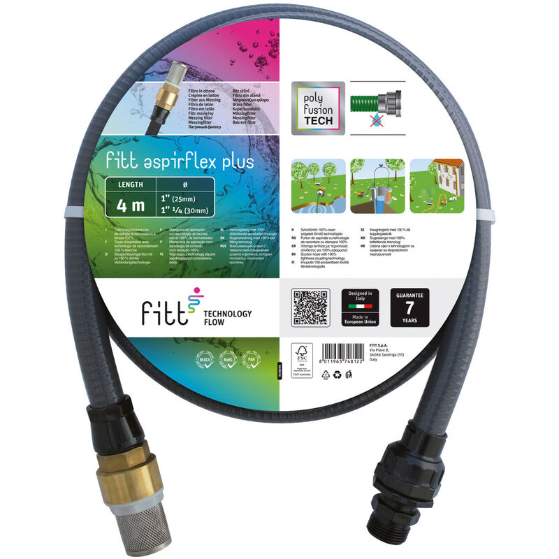 foto del prodotto fitt aspirflex plus 4 m tubo per aspirazione dell acqua, per collegamento a pompe, con tecnologia esclusiva e filtro in ottone, grigio