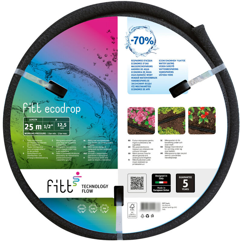 foto del prodotto fitt ecodrop 1 2 12,5mm 25m tubo microporoso che trasuda acqua per irrigazione interrata, in superficie e localizzata a goccia, senza raccordi