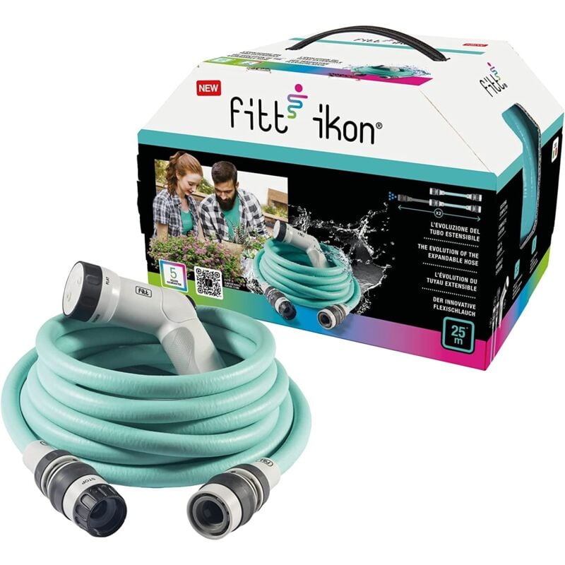 foto del prodotto fitt ikon 25 m, tubo acqua da giardino per irrigazione, estensibile, compatto, leggero e pronto all uso, con pistola multigetto, aquamarine