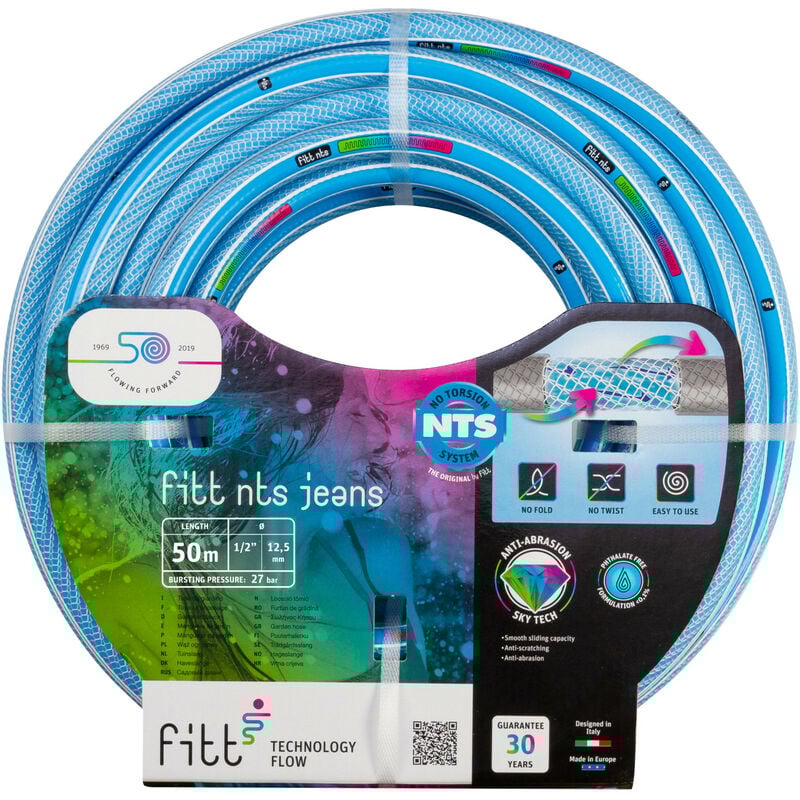 foto del prodotto fitt nts jeans 1 2 12,5 mm 50 m tubo azzurro per irrigazione da giardino, robusto e malleabile, per uso intensivo
